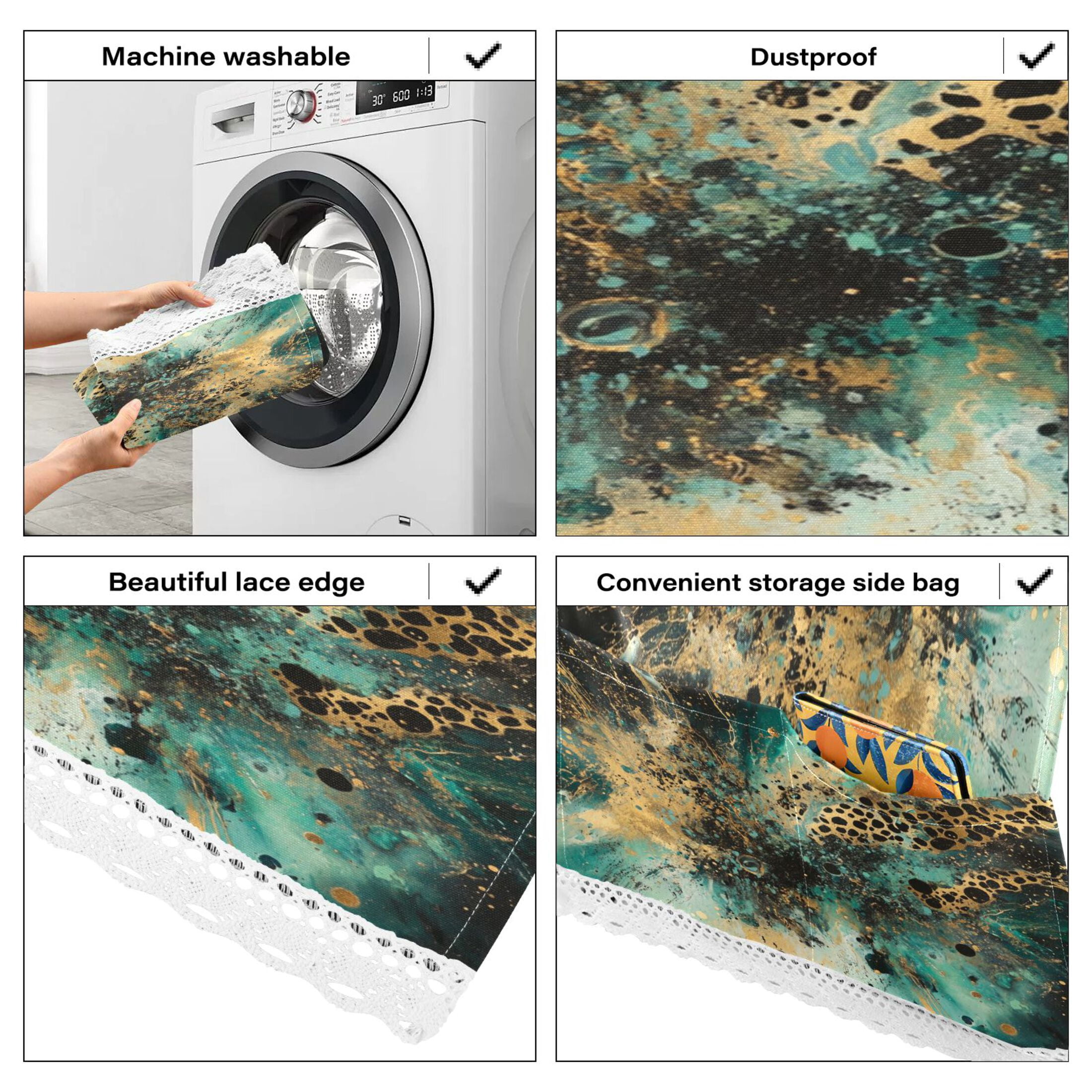 Washing Machine Cover 51.2x22in, Durable Polyester Dust Cover with Lace Trim and Side Pocket for Appliances Artistic Leopard