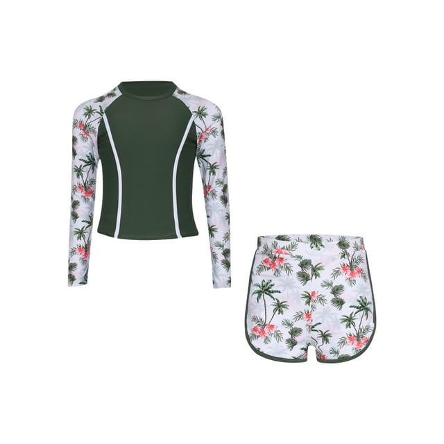 inhzoy Swimsuit for Girls Long Sleeve Swim Tops with Shorts Sun Protection Bathing Suit Rash Guard Green 90