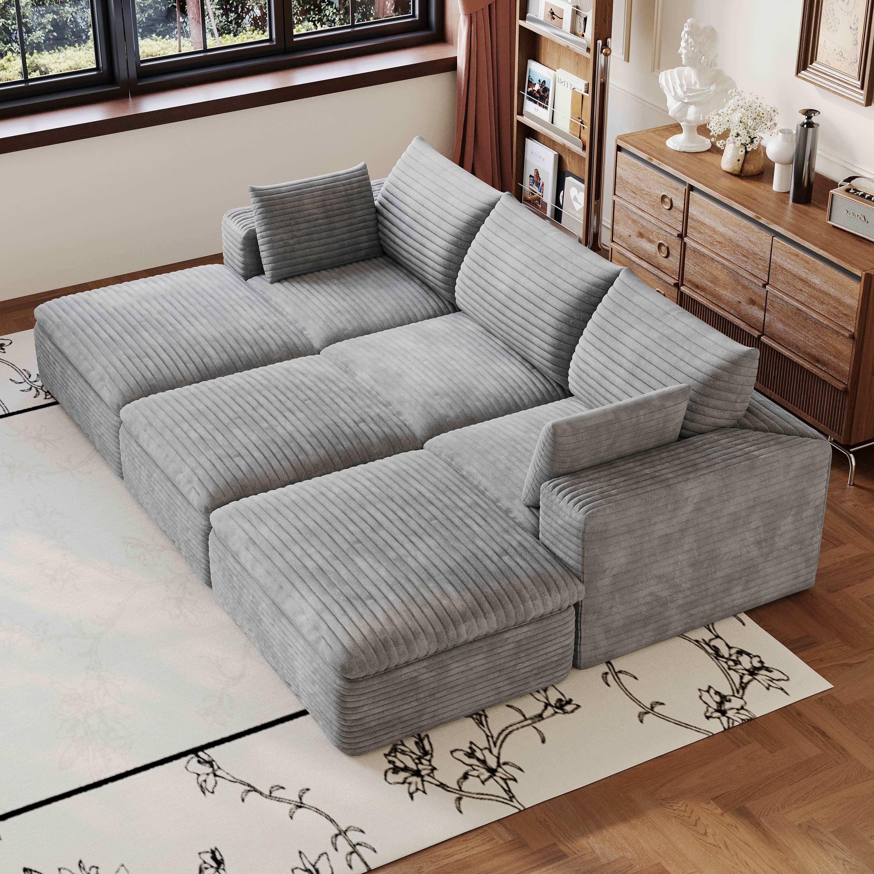 MAYEERTY 102.4 Inch Cloud Modular Sofa, Corduroy Deep Seat Couch with Double‑Layer Removable Cushions, No‑Assembly DIY Combination Sponge Sofa for Living Room Bedroom Conference Room Apartment