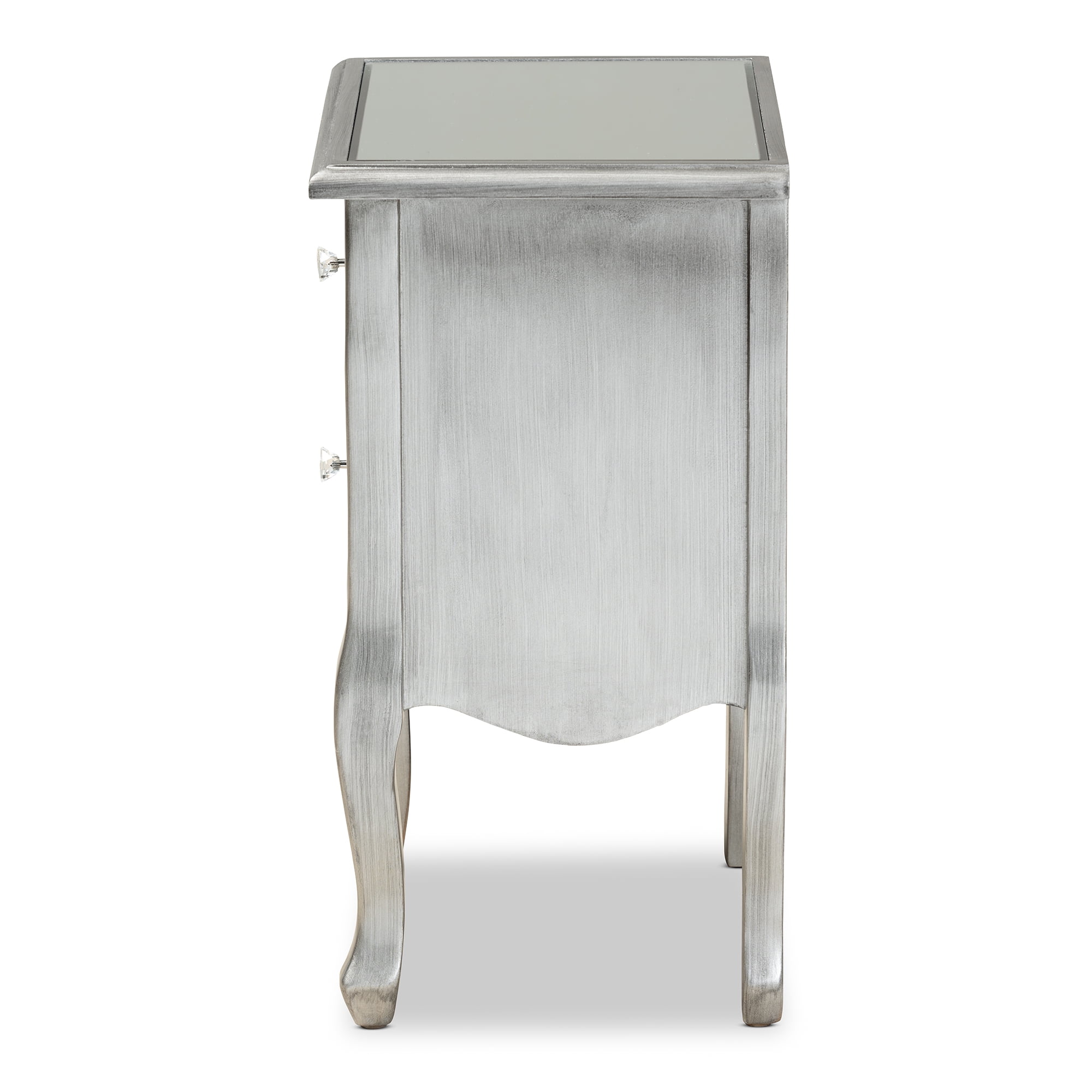 Baxton Studio Leonie Modern Transitional French Brushed Silver Finished Wood and Mirrored Glass 2-Drawer End Table