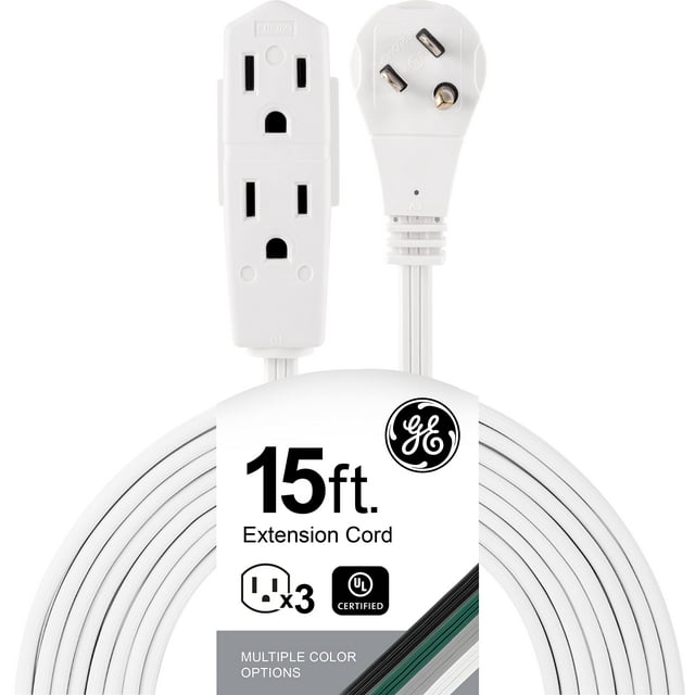 Cable de extensión GE de 3 salidas, 15 pies, plano con múltiples enchufes, blanco