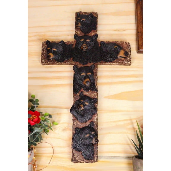 Rustic Western Forest Black Bears Faux Wooden Tree Wall Cross Decor 14" H