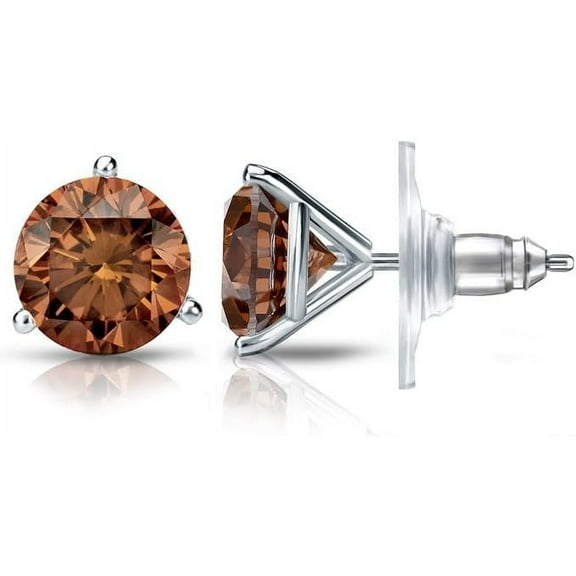 NYS Jewellrs 925 Sterling Silver 1.20 Ct Round Cut Brown Diamond Push Back Stud Earring's 14K White Gold Plated For Women's