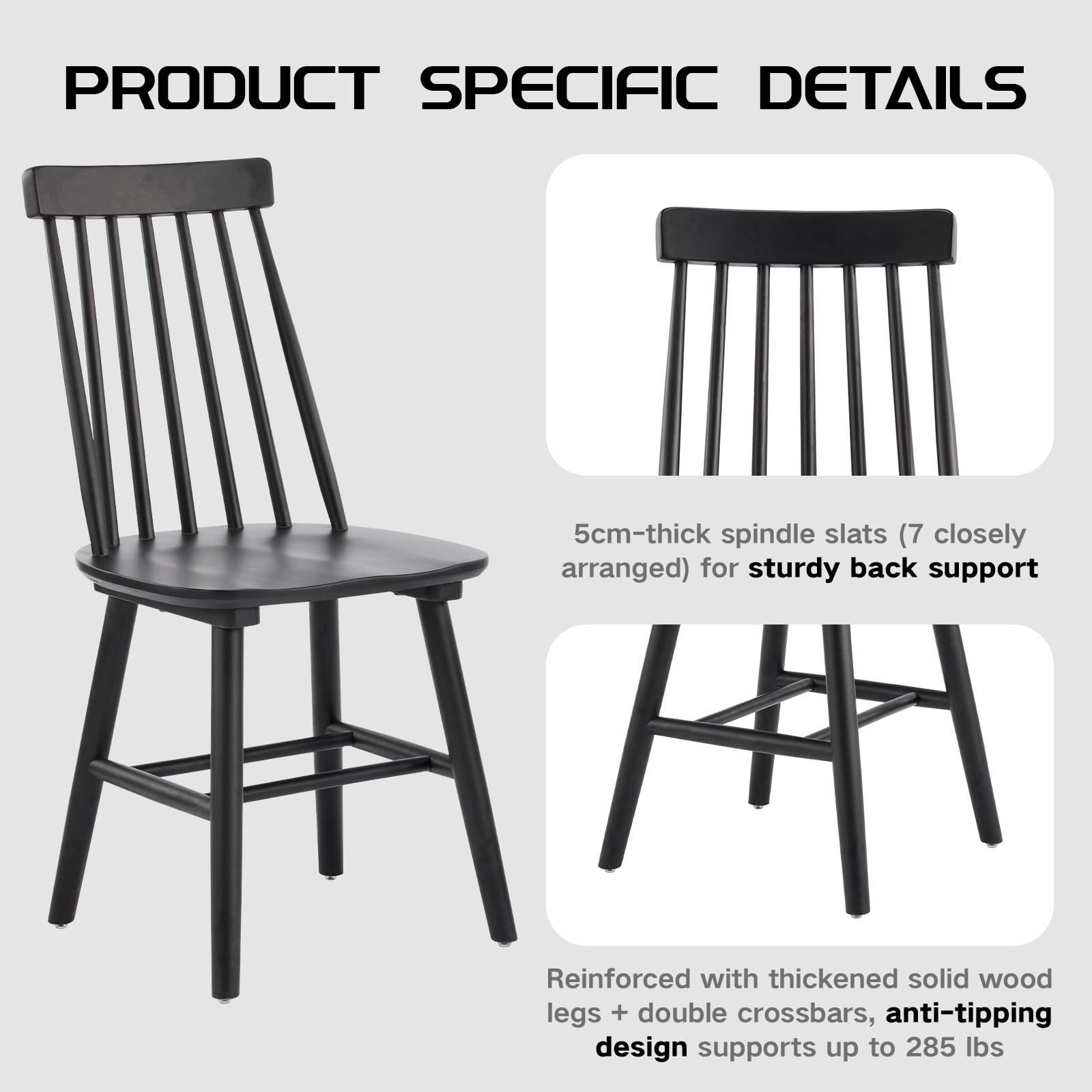 17.5''W Farmhouse Dining Chairs Set of 6, 7-Spindle Windsor Solid Wood Chair for Kitchen & Dining Room, Black