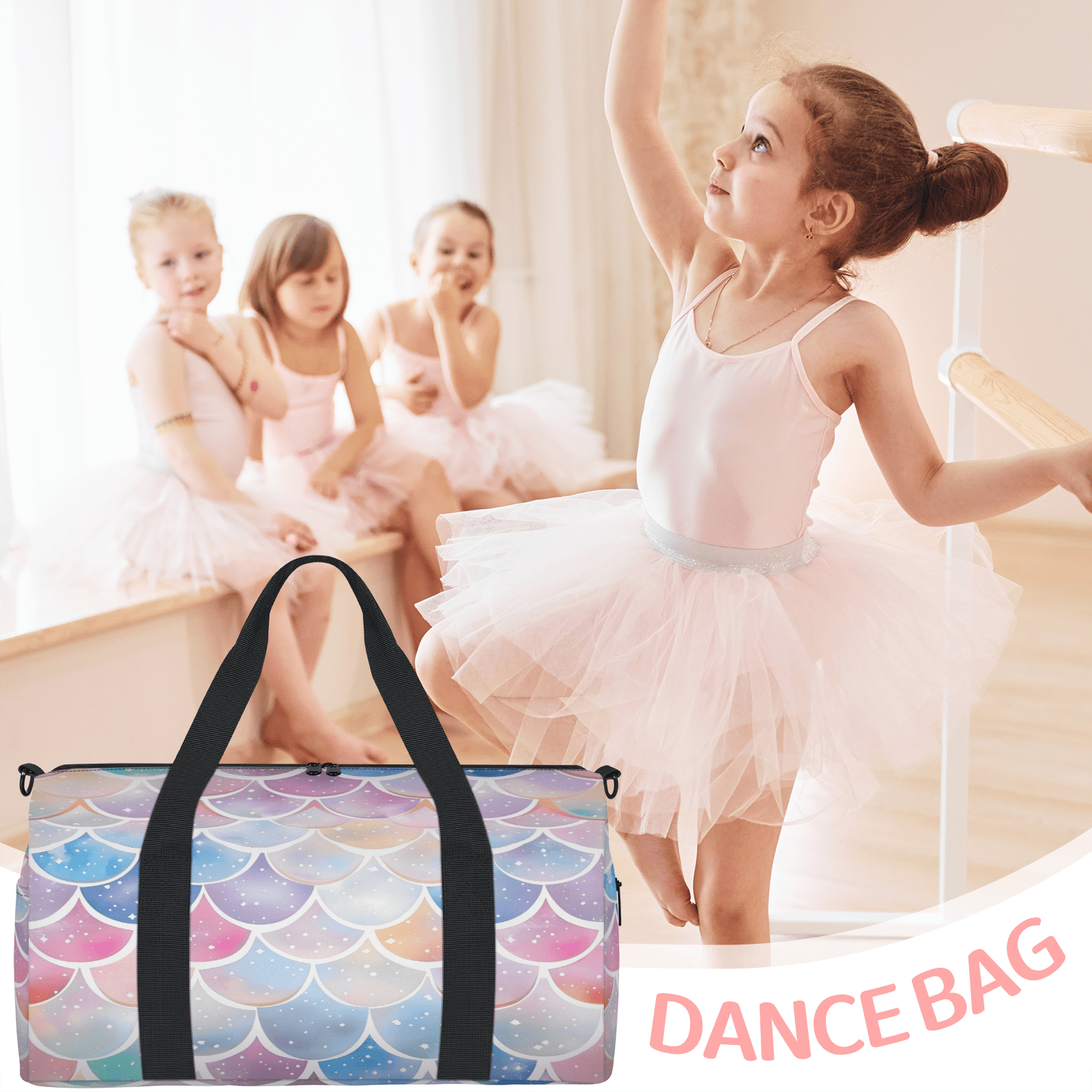 Herdesigns Rainbow Fish Scale Mermaid Gym Bag for Women, Duffle Bag for Travel Sport, Lightweight Waterproof Carry on Weekender Overnight Dance Yoga Workout Bags