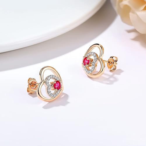 Divine Creation 1.35 Ct Round Cut Red Ruby Heart Shape Push Back Womens Stud Earrings 14K Rose Gold Plated 925 Sterling Silver