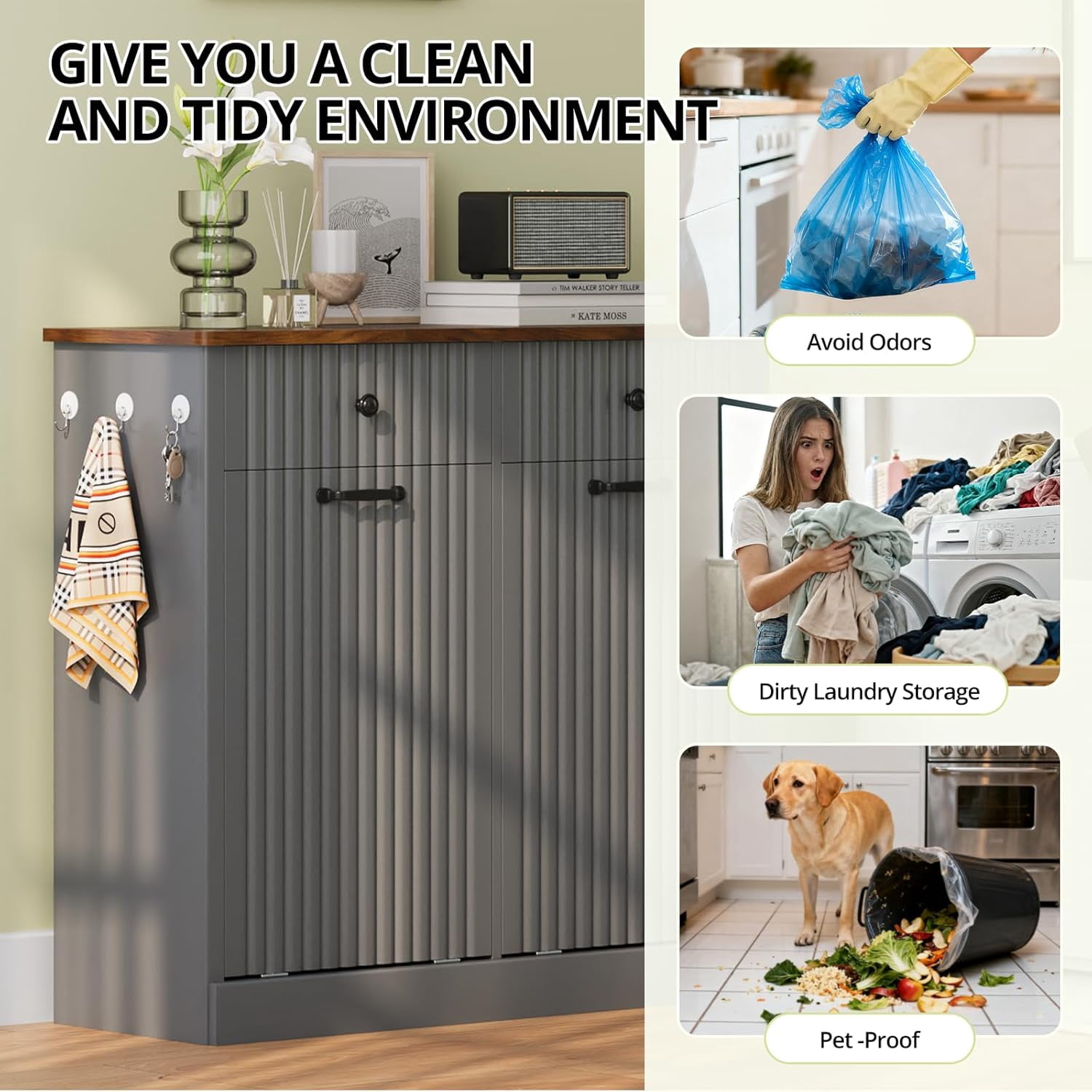 SELOOYE Double Tilt Out Trash Can Cabinet Hidden Kitchen Trash Can, 20 Gallons Freestanding Recycling Cabinet with Hideaway Drawers Pet Proof Trash Can for Kitchen Living Room, Grey