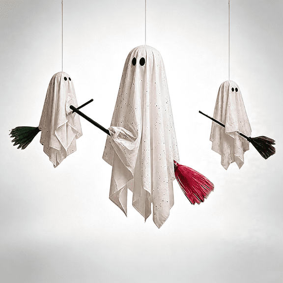 Halloween Decorations Outdoor, 3 Pack Hanging Ghosts on Brooms without Lights, Flying Ghost Family Decor, Floating Gauze Ghost for Tree, Porch, Yard, Patio, Indoor Halloween Decorations