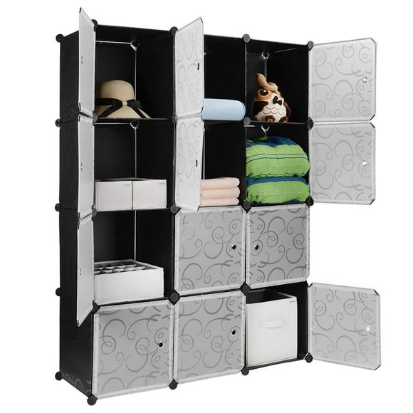 12 Cube DIY Multi-Use Plastic Portable Wardrobe Closet Organizer, Bookcase, Storage Cabinet, Wardrobe Closet, Space Saving & Sturdy Construction (Black)