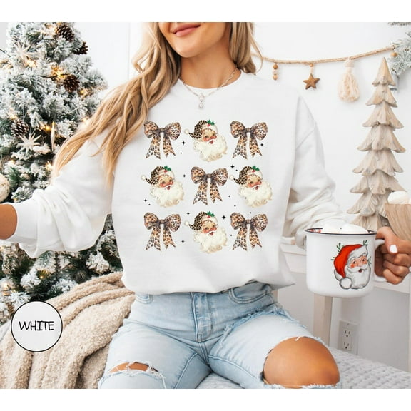 Coquette Bow Sweatshirt, Cute Leopard Ribbon Santa Sweatshirt, Merry Christmas Bows Sweater, Christmas Gift, Gift For Women