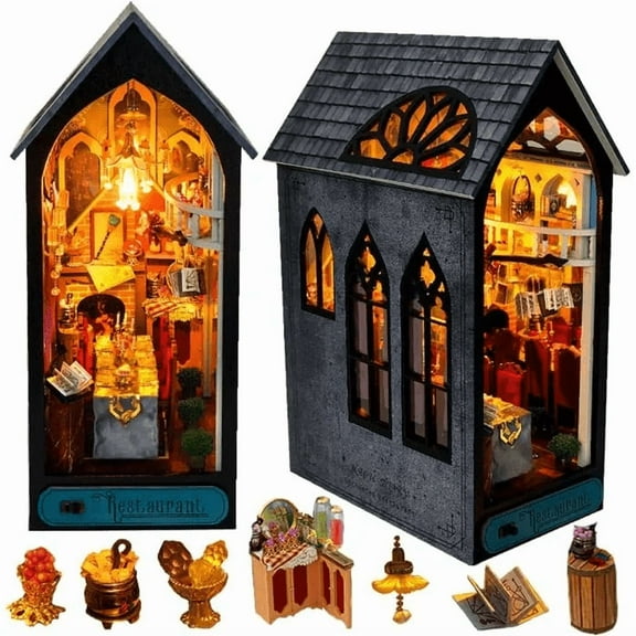 Book Nook Kit, MOJINO Booknook Kit with for Adult DIY Miniature House Kit 3D Wooden Puzzle Decorative Bookend Bookshelf Decor Gift for Women Teens (Magic Dinner)