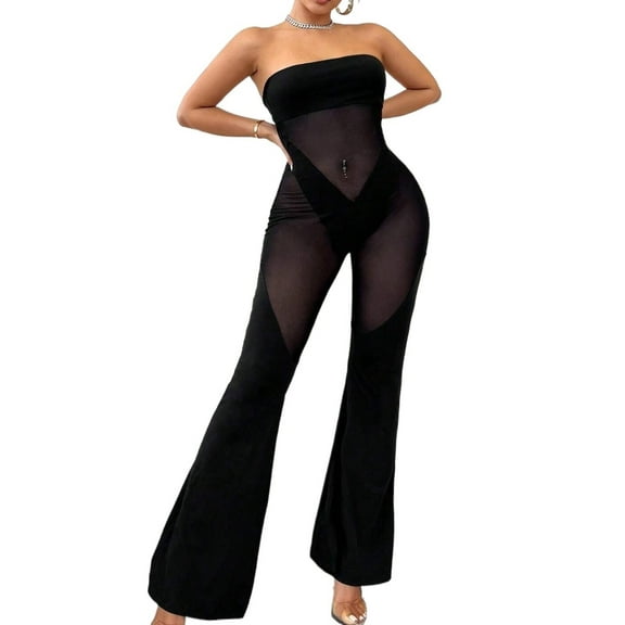 Womens Black Loose Mesh Splicing One-Piece Flared Pants Colorblock Jumpsuit, Summer Overall Romper For Women