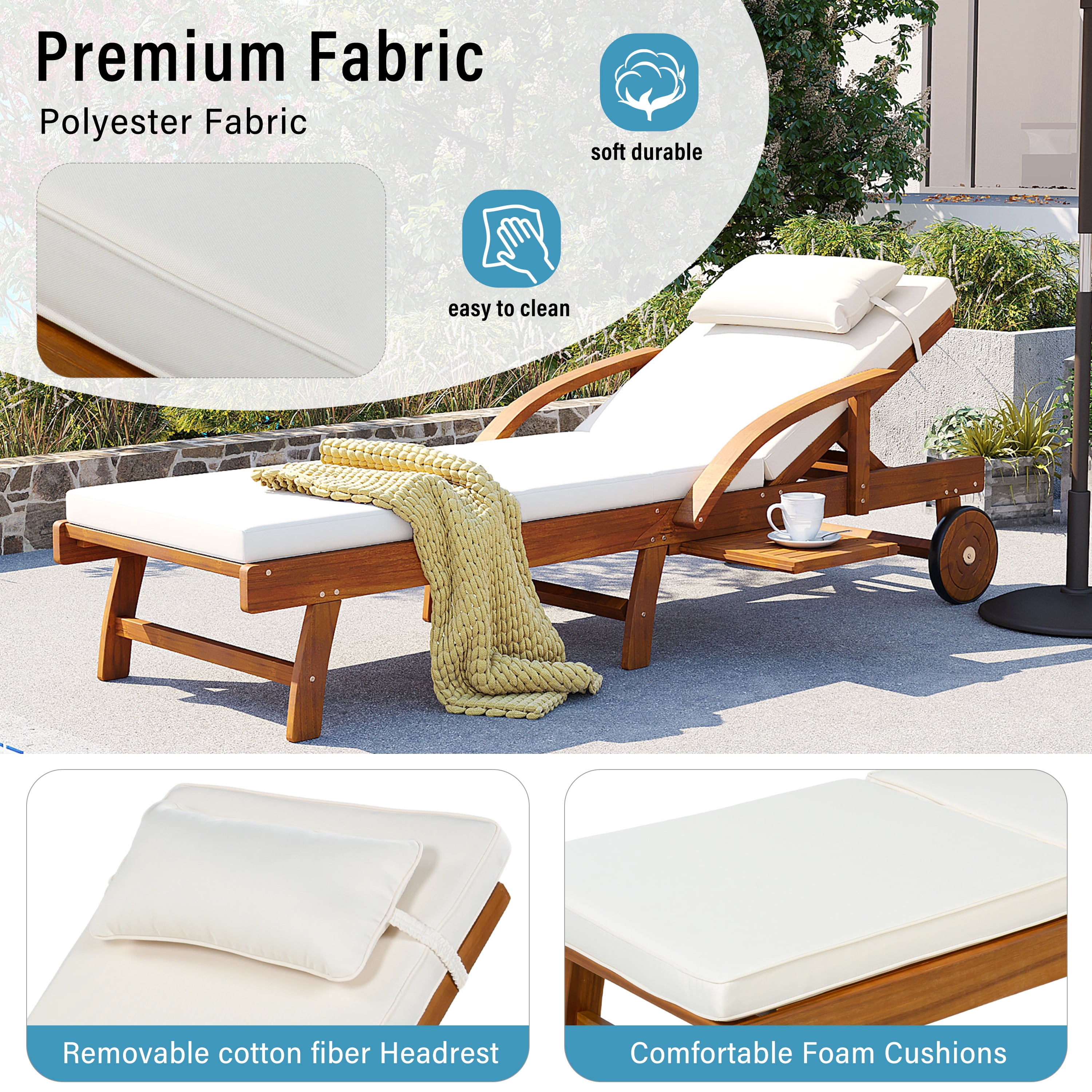 Mintazer 77.5" Adjustable Outdoor Chaise Lounge with Cushion & Headrest, Wheeled Pool Lounge Chair with Retractable Side Tray, Natural & Beige