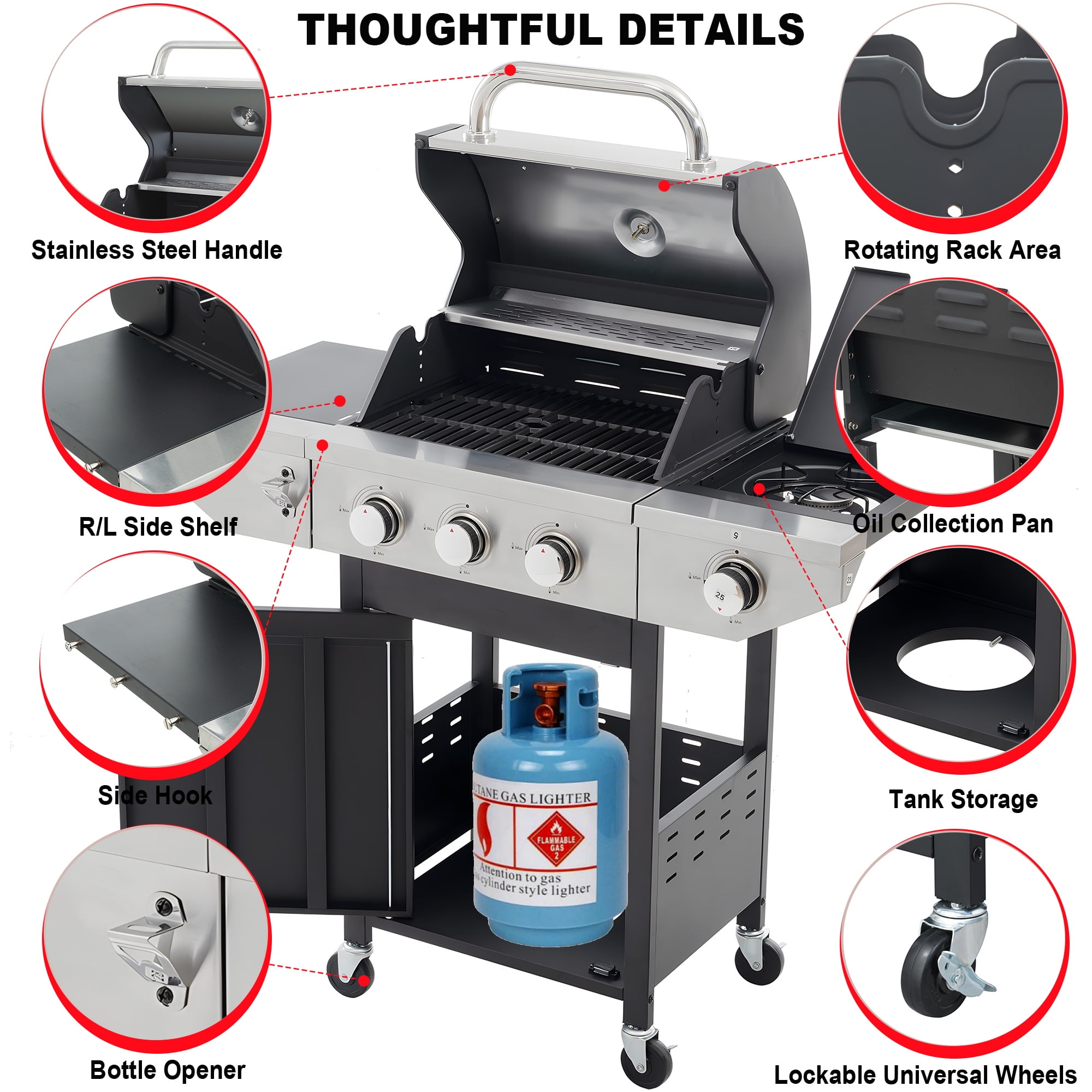 Seizeen Propane Gas Grill, 3 Burners BBQ Grill with Side Burner, Outdoor Camping Grill 430 Stainless Steel, 37150BTU, One-button Ignition System, Thermometer, 4 Wheels