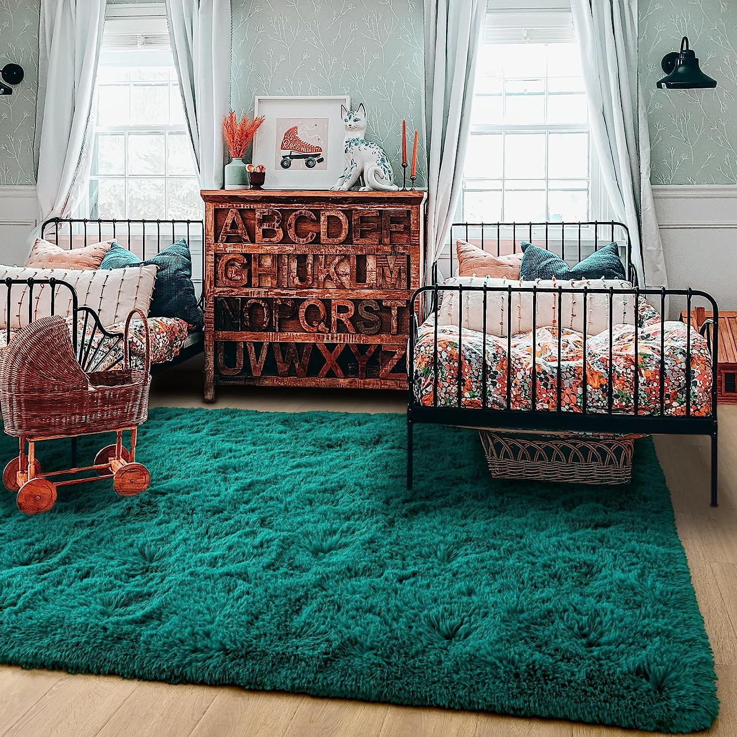 Junovo Super Soft Fluffy Area Rugs Modern Shag Rug for Bedroom Living Room,Cute Carpets for Kids Nursery Girls Home Dorm,5'x8',Aqua Green