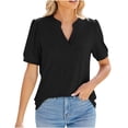 thumbnail image 2 of Wiyuqeen Women's Solid Color Ribbing Knit Blouses Basic Notch V Neck Tunics Casual Crochet Puff Sleeve Summer Tops Elegant Pleated Short Sleeve Tees, 2 of 9