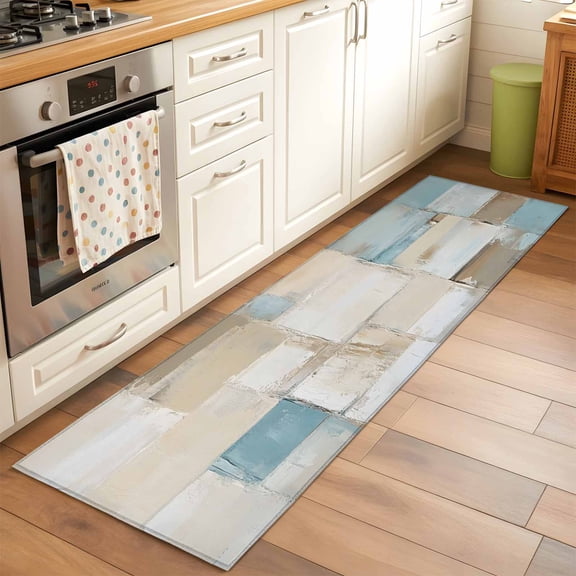 Blue Beige Runner Rug 2x6 FT, Non Slip Hallway Carpet, Modern Abstract Color Blocks Washable Soft Floor Carpet Throw Runner Carpet Long Rug for Entryway Kitchen Bedside Sliding Door
