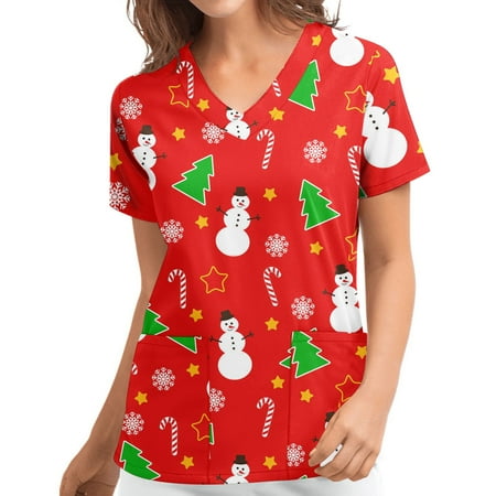 

SUWHWEA Christmas Gift Scrub Tops Women Short Sleeve V-neck Tops Christmas Printed Pockets Blouse on Clearance