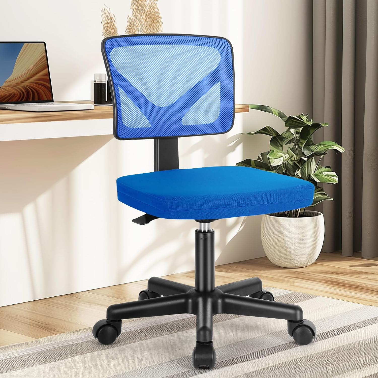 Armless Mesh Office Chair, Ergonomic Low-Back Swivel Desk Chair with Wheels and Lumbar Support, Height Adjustable, Blue