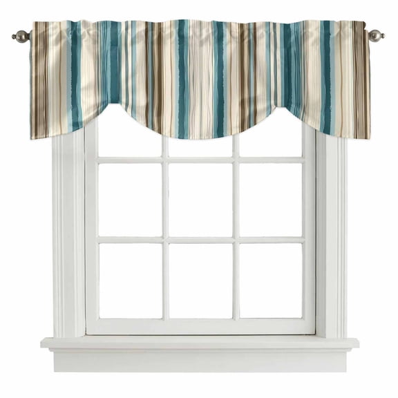Turquoise Beige Tie Up Valance Curtains for Windows, Kitchen Curtains Window Shades, Boho Vertical Stripes Bohemian Retro Light Filtering Roman Curtain Valances for Bedroom/Bathroom/Cafe 60"x18"