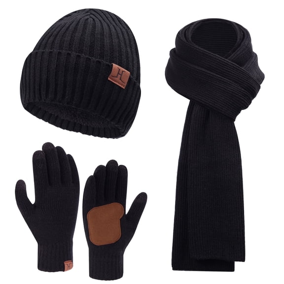 FZ FANTASTIC ZONE Men Women Winter Knit Hat Beanie Long Scarf Set Touchscreen Gloves Neck with Fleece Lined,Black