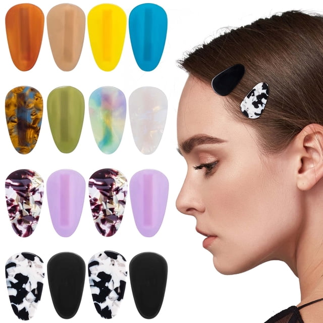 HINZIC 16 pinzas para el pelo en forma de lágrima, sin curvas, pequeñas, sin pliegues, sin arrugas, pinzas para el pelo planas de pico de pato, pasadores de resina acrílica para mujeres y niñas, acces