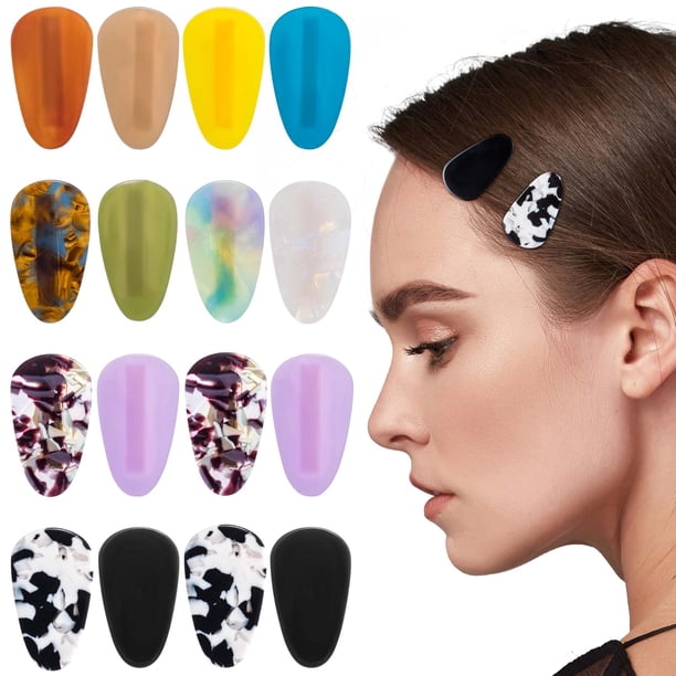 HINZIC 16 pinzas para el pelo en forma de lágrima, sin curvas, pequeñas, sin pliegues, sin arrugas, pinzas para el pelo planas de pico de pato, pasadores de resina acrílica para mujeres y niñas, acces