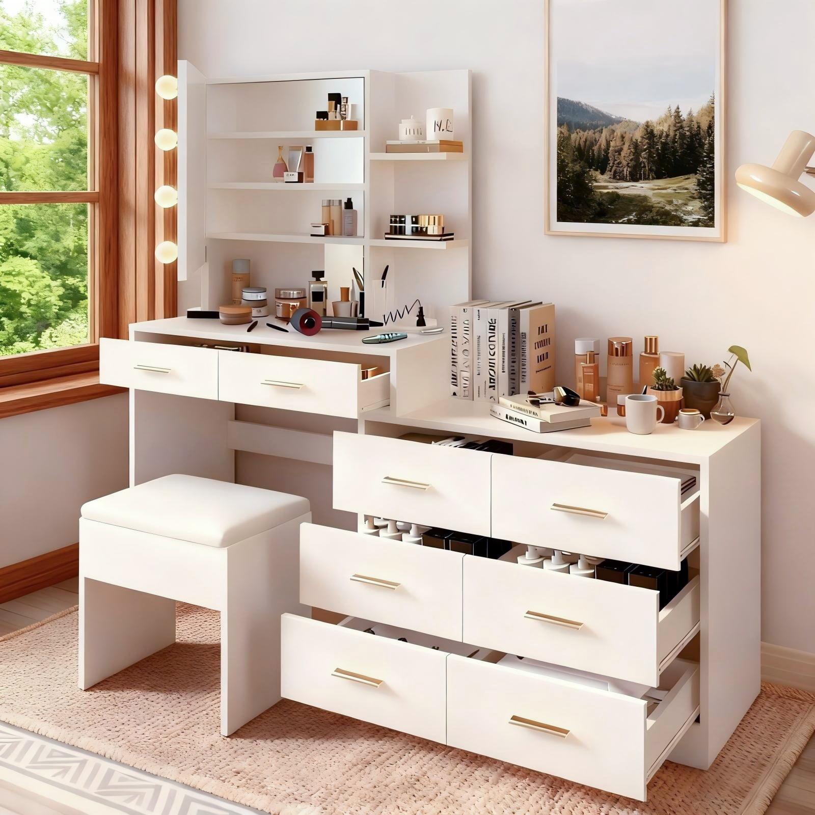 BROTTAR Corner Vanity Desk with Mirror and Lights, Vanity Dresser