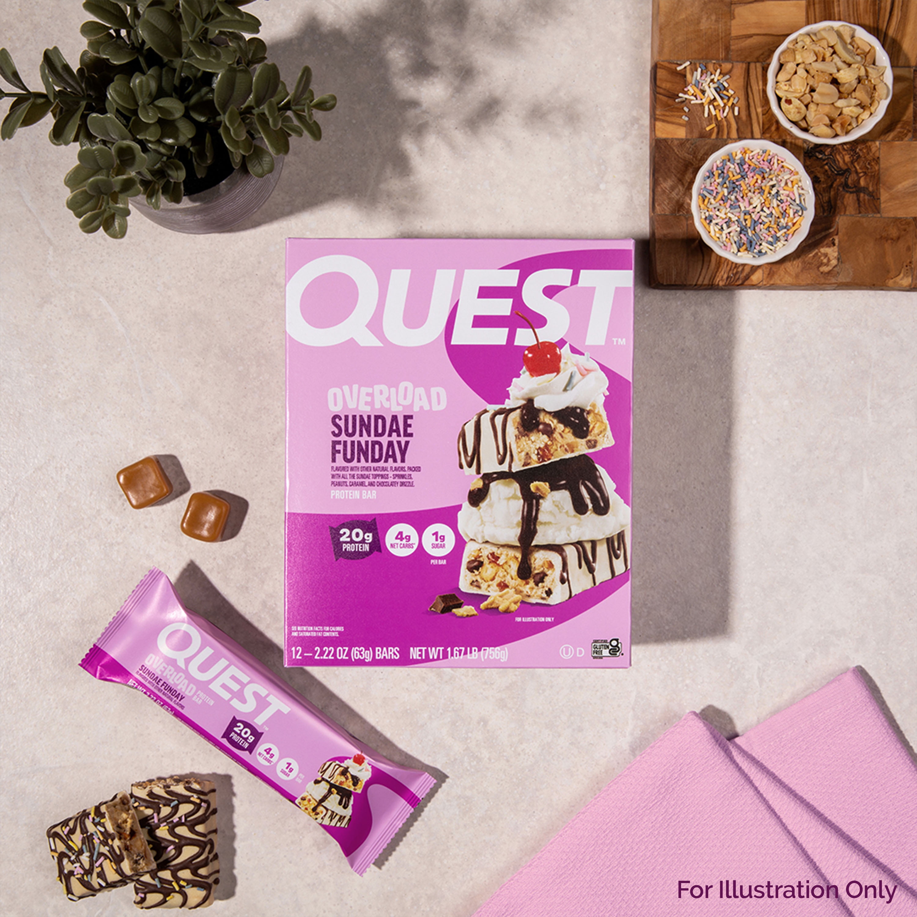 Quest Overload 20g Protein Bar, Sundae Funday Flavor, Protein Bars, Gluten-Free, 4 Count