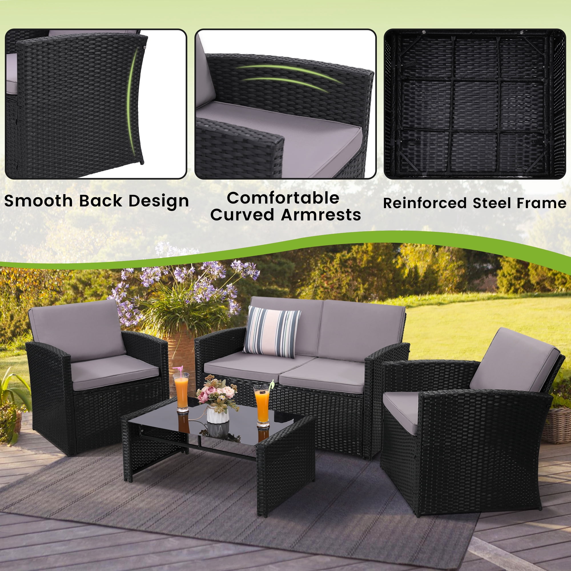 TUAREX Outdoor 4 Piece Wicker Patio Furniture Set, Waterproof Rattan Sectional Sofa with Thick Cushions, Perfect for Patio, Garden, Porch & Backyard, Black Rattan and Light Grey Cushion
