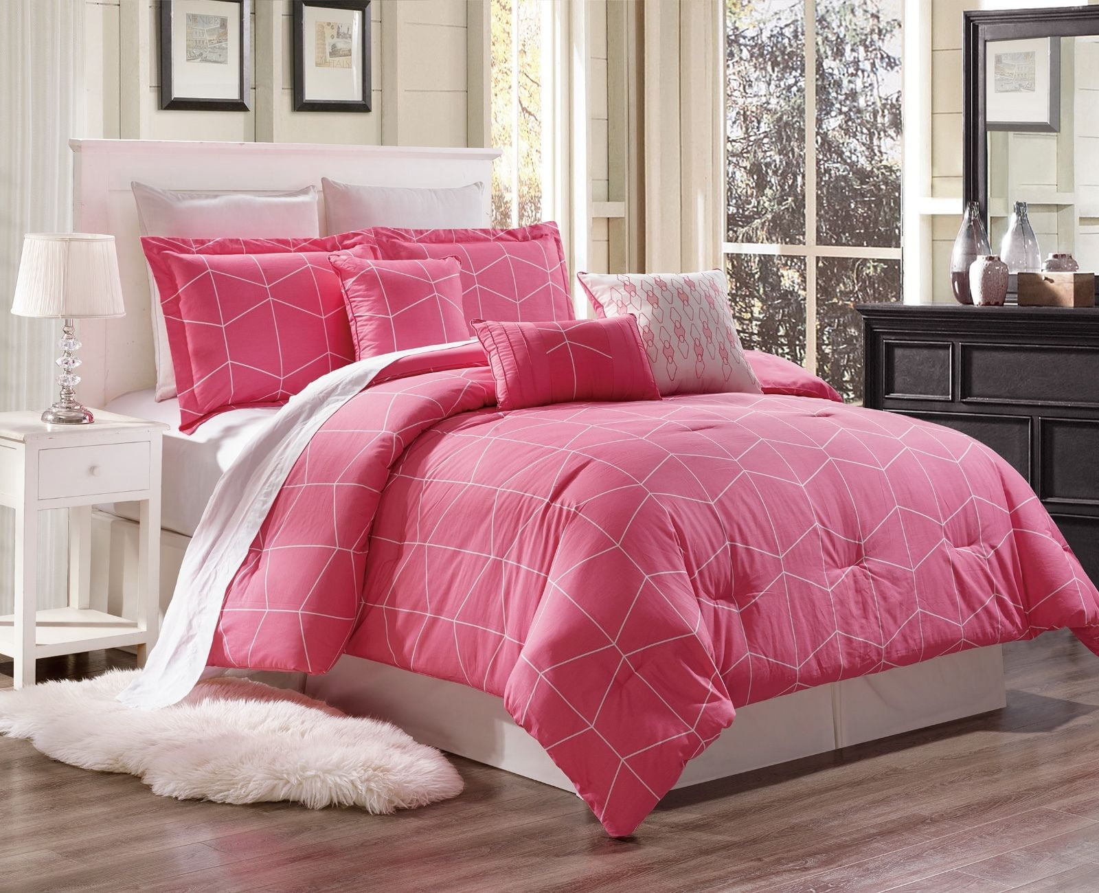 B Y403 3 Piece Hot Pink Diamond Geometric Pattern King Cotton Duvet