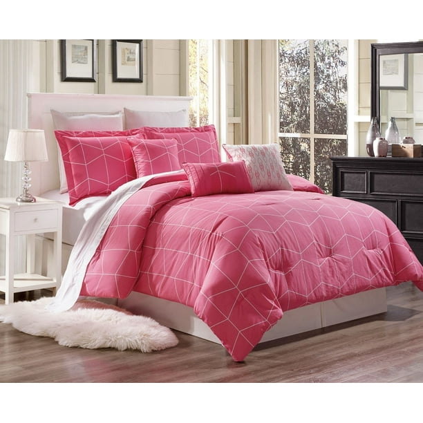BY403 2Piece Hot Pink Diamond Geometric Pattern Twin Cotton Duvet