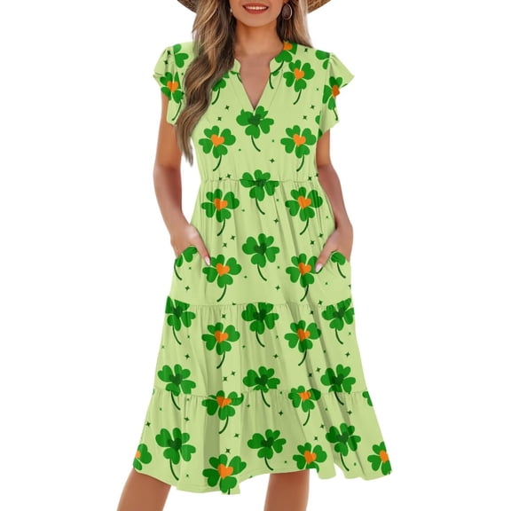 Yuyamidu St Patricks Day Dresses for Women Dress with Pockets Womens Casual Dresses Smocked Empire Waist V-Neck Ruffle Sleeve Tiered Dress Leaf, Size S
