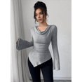 thumbnail image 4 of Women Long Sleeve Cowl Neck Ribbed Knit Fall Shirts Slim Fit Ruched Going Out Crop Tops Basic T-Shirts Gray XL, 4 of 9