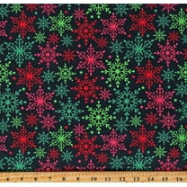 Cotton Red and Green Bright Snowflakes on Black Christmas Winter Holidays Cotton Fabric Print by the Yard (DX-3073-1C)