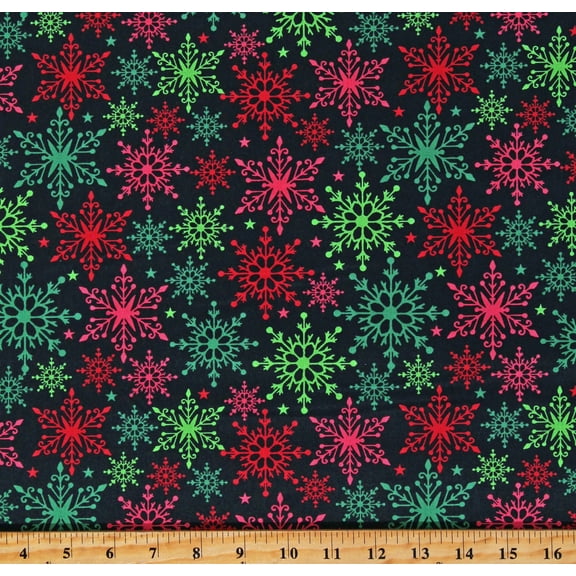 Cotton Red and Green Bright Snowflakes on Black Christmas Winter Holidays Cotton Fabric Print by the Yard (DX-3073-1C)
