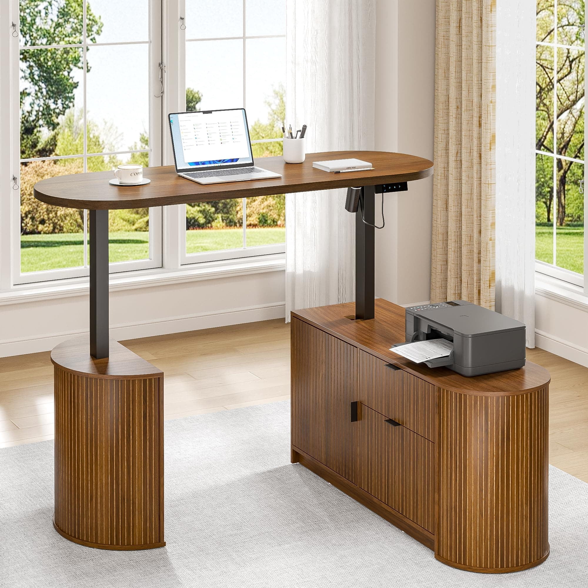 Electric L Shaped Standing Desk, 59" Mid Century Adjustable Height Desk with Drawer & 2 Cabinets