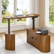Electric L Shaped Standing Desk, 59 Mid Century Adjustable Height Desk with Drawer & 2 Cabinets
