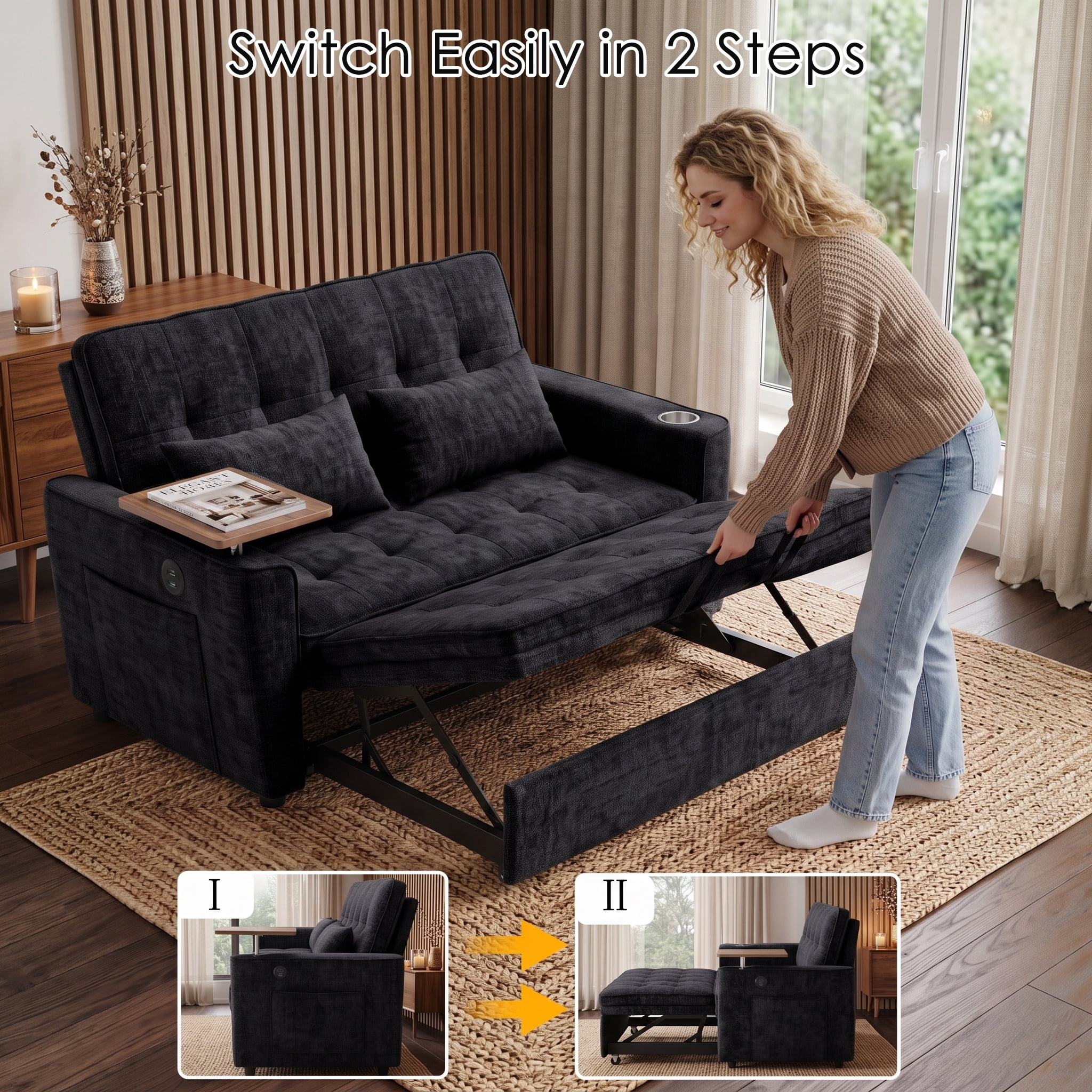 Xiweot 54" Convertible Sleeper Sofa Bed, Full Size Pull Out Couch with Adjustable Backrest, USB Ports & Cup Holder, Chenille Loveseat Sleeper for Apartment Living Room, Black