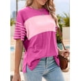 thumbnail image 5 of Womens Summer Oversized 2025 Crewneck Casual Color Block Striped Shirts Blouses Pink L, 5 of 9