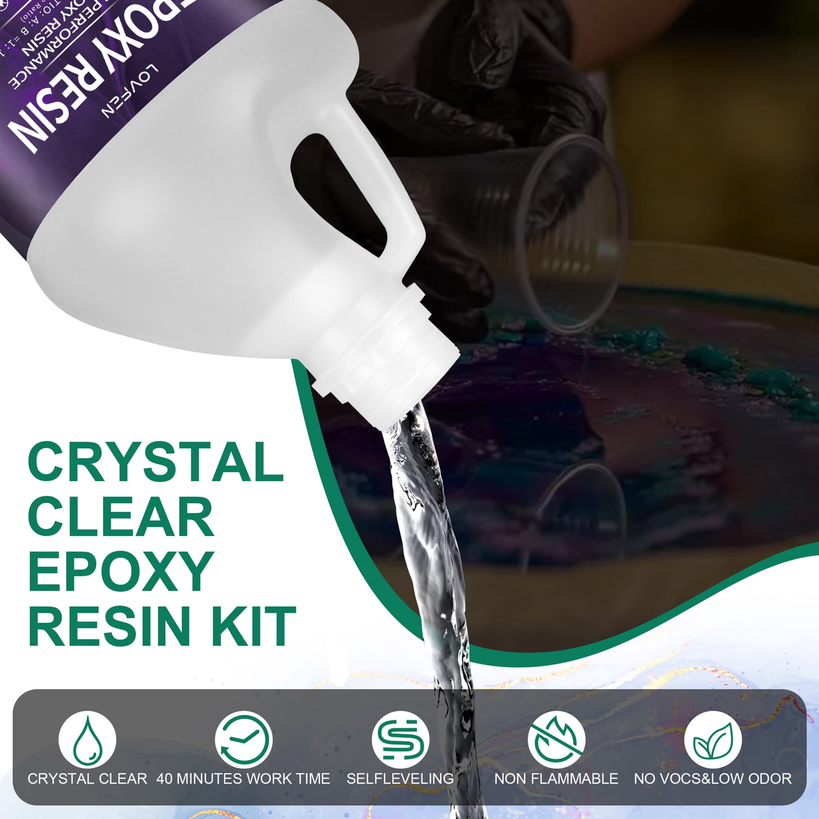 LOVFEN 16oz Epoxy Resin Kit 1:1 Crystal Clear Epoxy Resin for Table Top - Self-Leveling, Durable, High-Gloss Finish for Casting, Resin Art, Jewelry Making, Tabletop, Bar Top, Live Edge Tables
