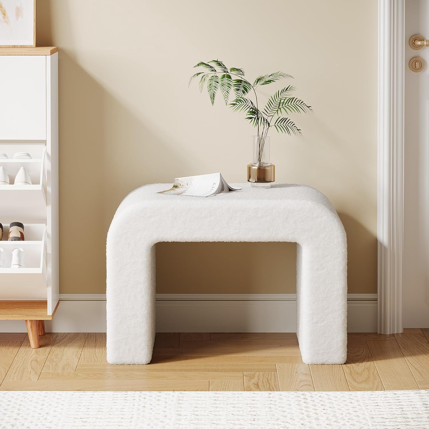 Modern Vanity Stool, Upholstered Ottoman, Arched Footstool, Sofa Footrest, Fully Assembled, White