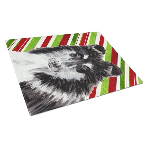 Black and White Collie Candy Cane Christmas Glass Cutting Board Large