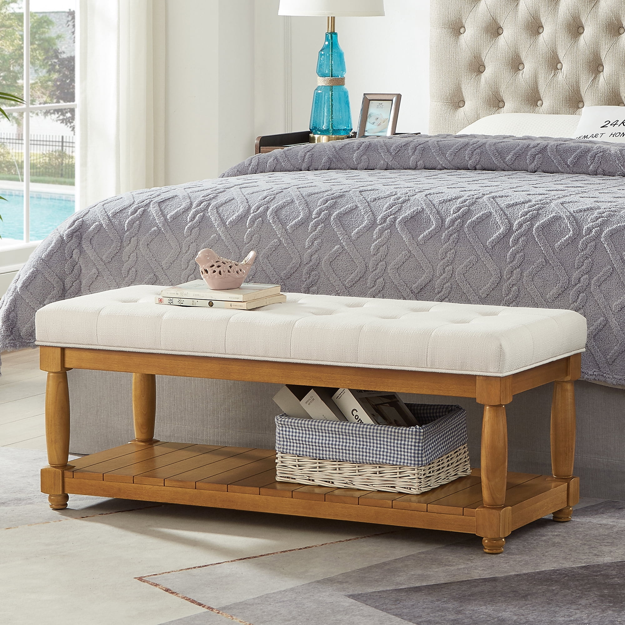 Upholstered Linen Bench with Storage Shelf - Tufted Ottoman Bench for Bedroom Entryway Living Room, Solid Wood Spindle Legs Accent Furniture