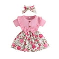 thumbnail image 4 of Toddler Outfit Baby Girls Clothes Outfits Short Sleeve Knitted Floral Dress Headband Fall Toddler Girl Clothes Pink 18 Months-24 Months, 4 of 4