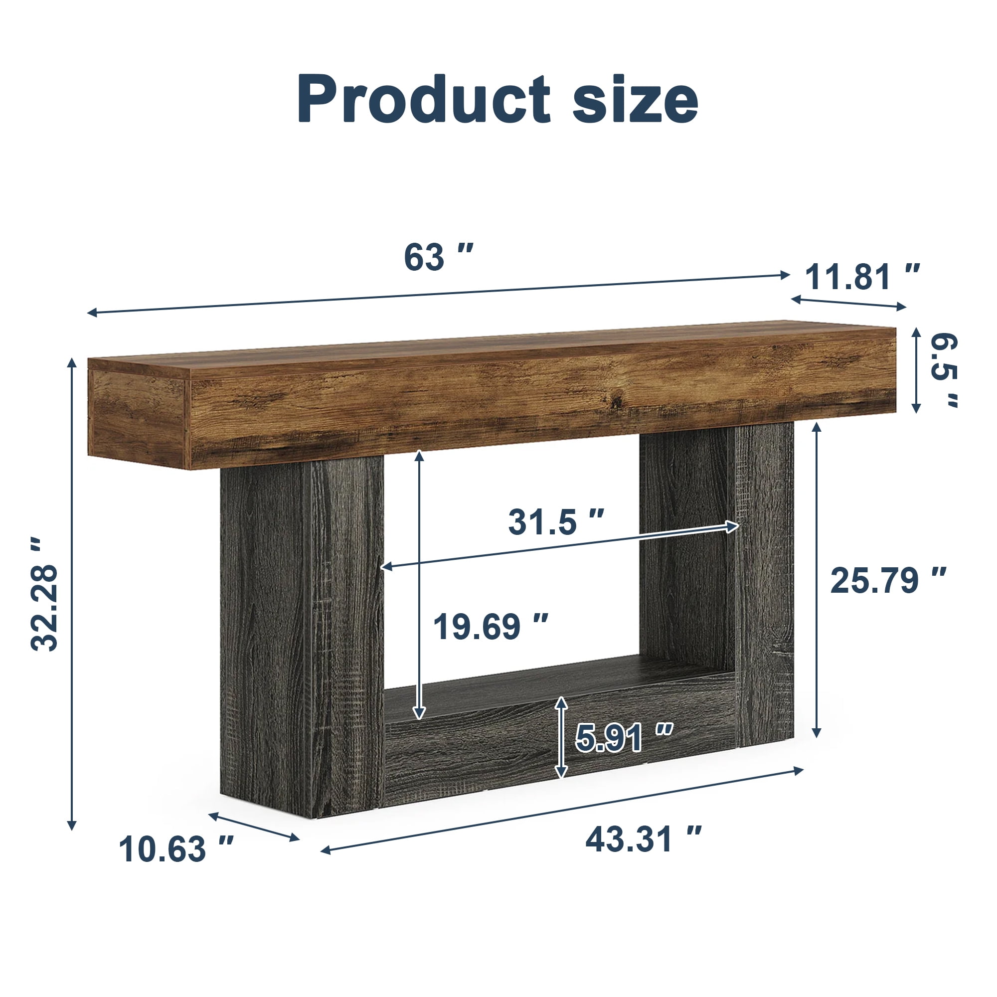 Demi Bonn 63" Wood Console Table, Farmhouse 2-Tier Sofa Table Entryway Table, Foyer Display Table, Brown + Gray