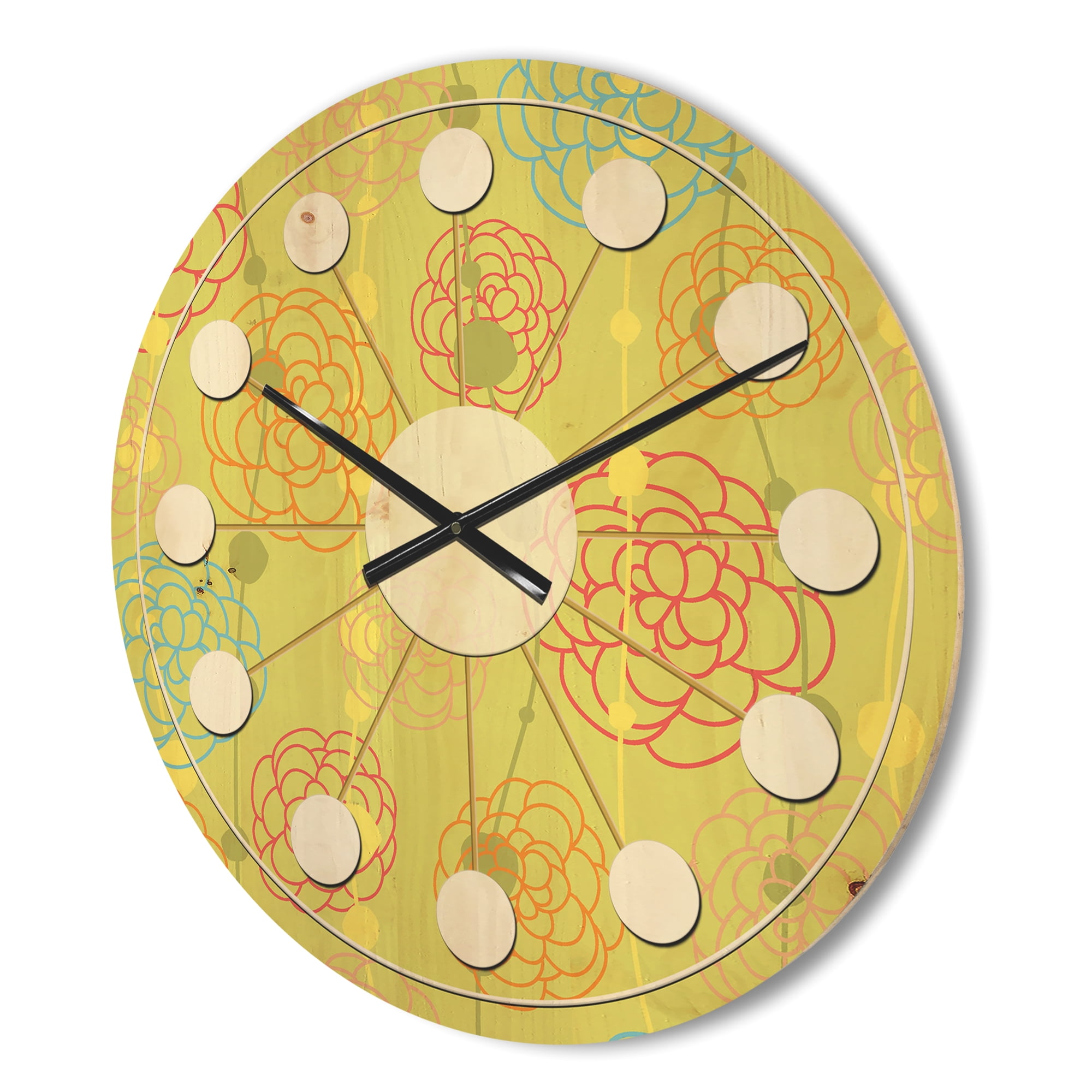 Designart 'Retro Flowers On Green Background' Mid-Century Modern Wood Wall Clock