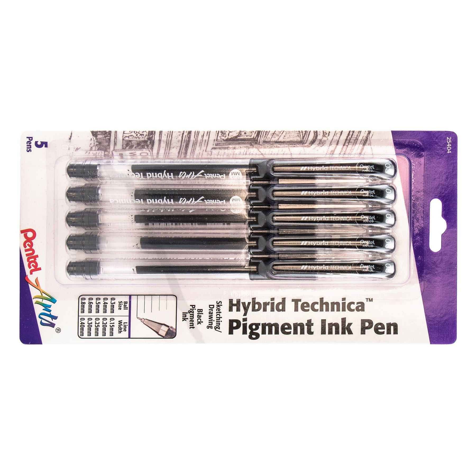 Pentel Arts Hybrid Technica Gel Pen, Assorted Tip Sizes (0.05, 0.1, 0.3, 0.5, 0.8), Black Ink, 5 Per Pack, 2 Packs