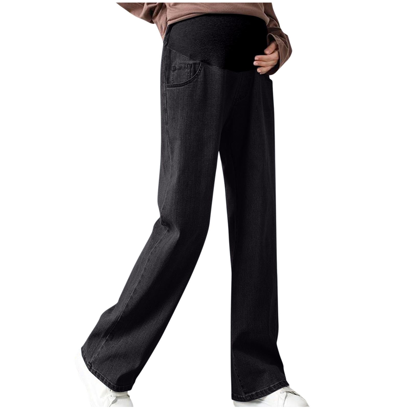 New Maternity Pants Jeans Long Pants Trendy Solid Elastic Waisted Wide Leg Pants for Women Mid Waist Soft Easy Care Elastic Waisted Pocket Black XXXL - image 2
