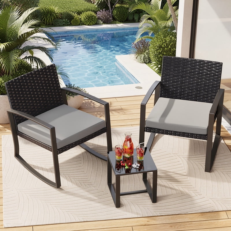 3-Piece Outdoor Patio Rocking Bistro Set, PE Rattan Wicker Conversation Furniture with Tempered Glass Coffee Table for Garden Balcony Backyard Poolside, Grey Cushion